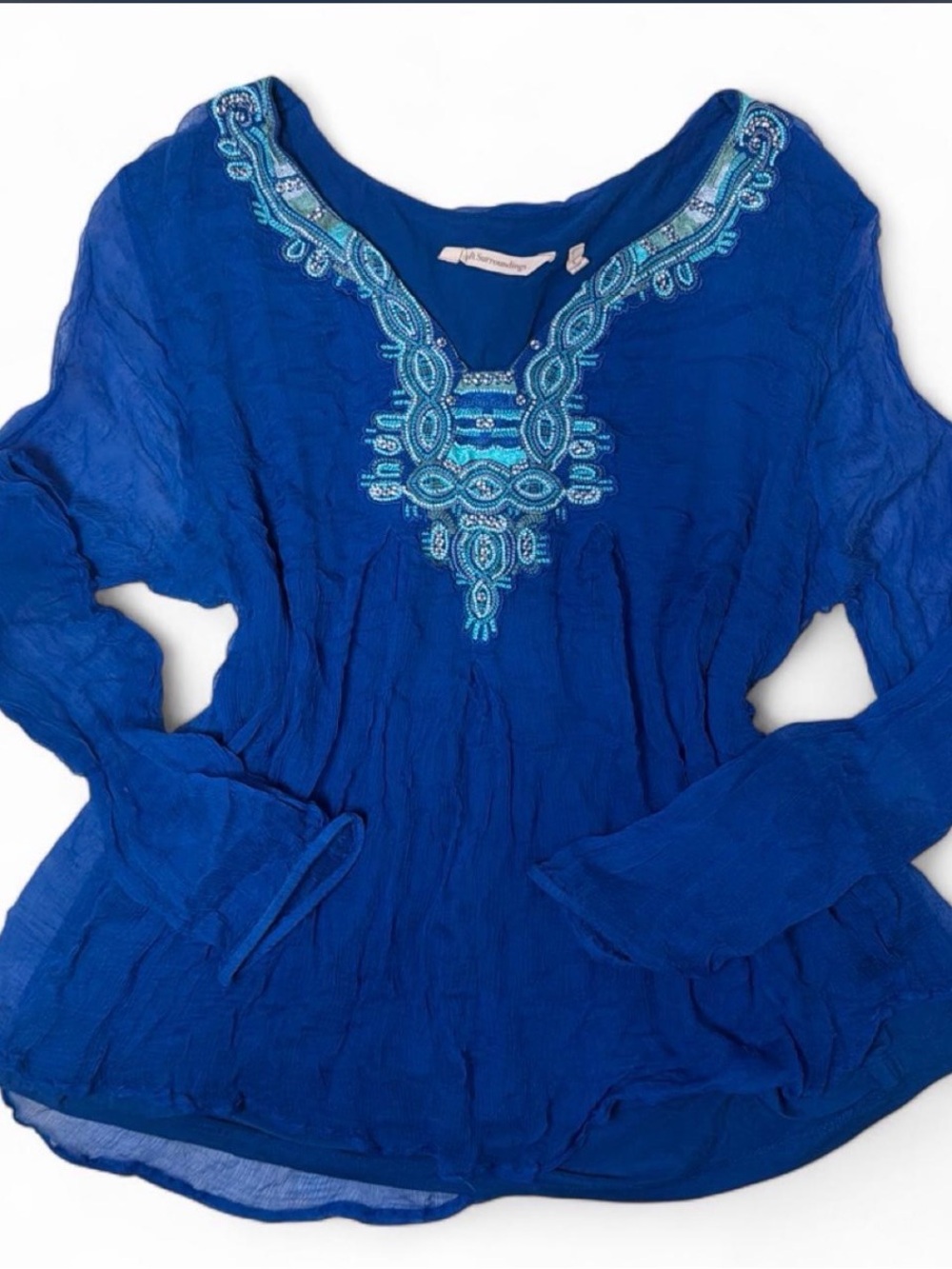 Soft Surroundings Royal Blue Tunic with Turquoise Embroidery